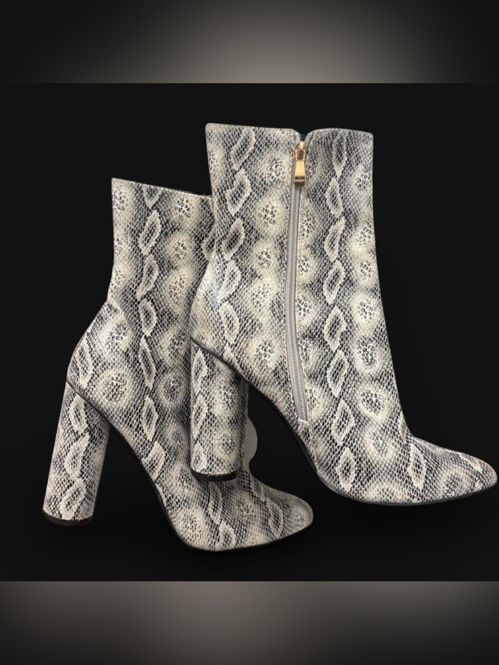 Fashion Nova White/Gray Snake-Print Block Heel Ankle Boots